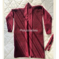 Handmade Long Crochet Cardigan with Belt – Deep Wine
