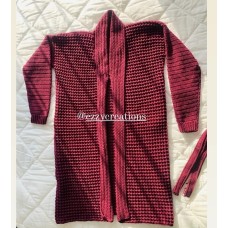 Handmade Long Crochet Cardigan with Belt – Deep Wine
